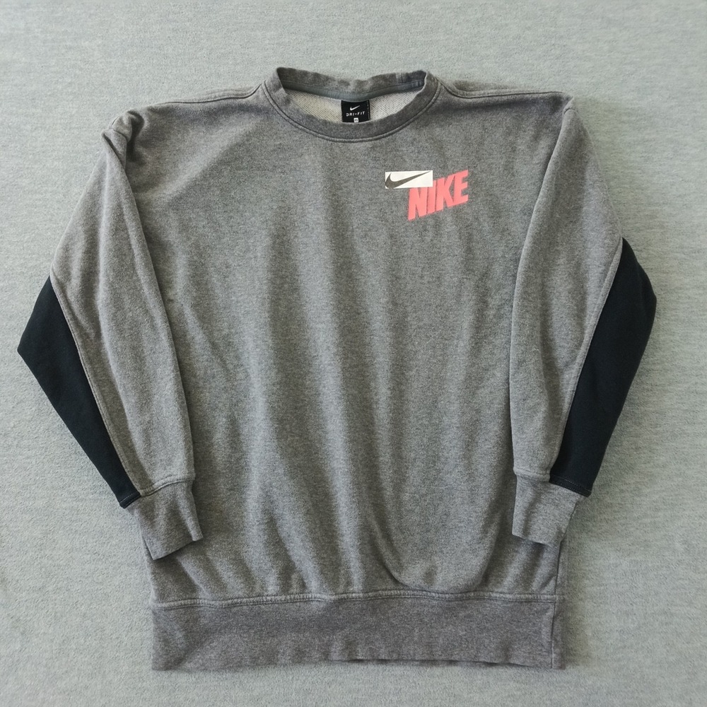 Nike Dri-FIT Womens XS Gray Black Graphic Crewneck Sweatshirt Fleece Pullover